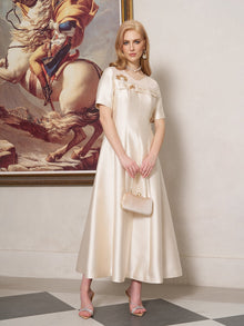 3D Floral Embellished Satin Dress - Social Queen