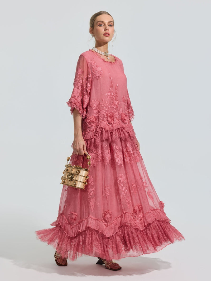 3D Floral Embroidered 100% Silk Ruffle Skirt - Social Queen