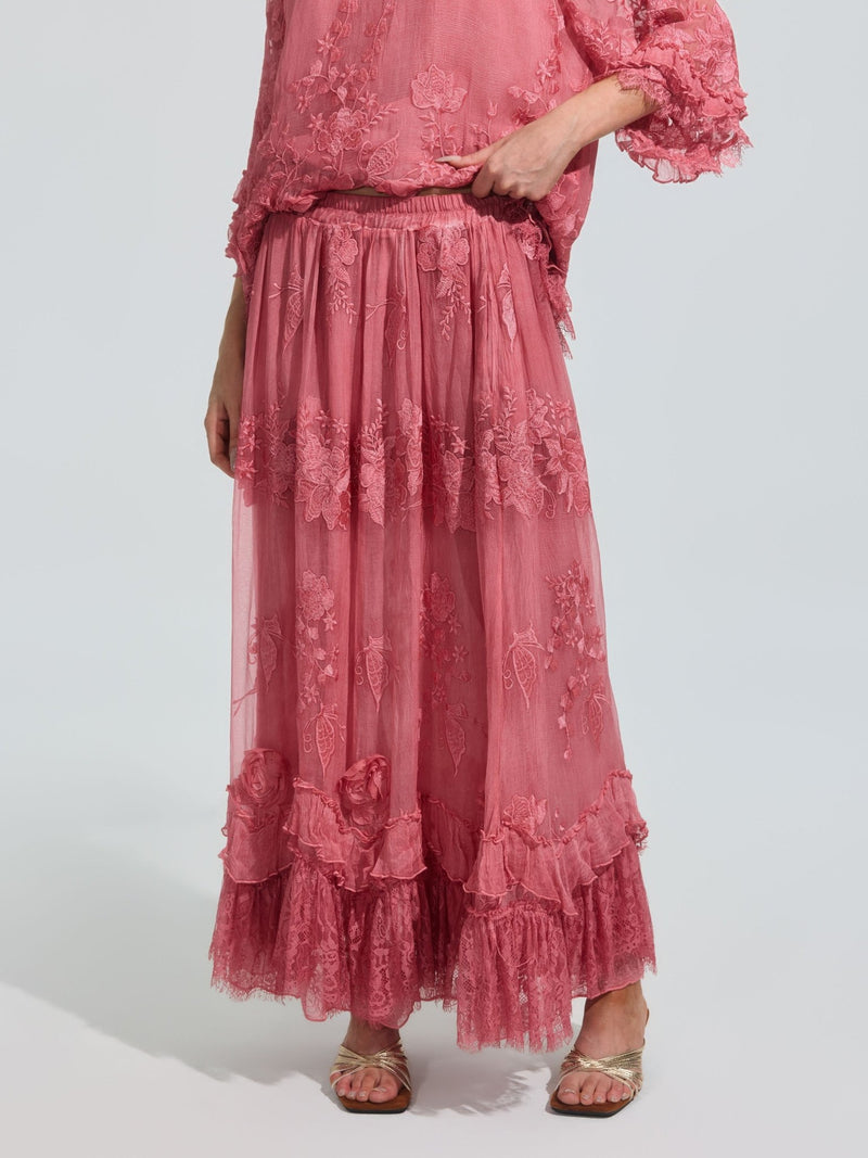 3D Floral Embroidered 100% Silk Ruffle Skirt - Social Queen