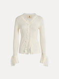 The Social Queen 3D Floral Lace Wool-Silk Knit Top is a cream-colored, long-sleeve cardigan with ruffle trim and ruffled lace cuffs, shown against a plain white background.