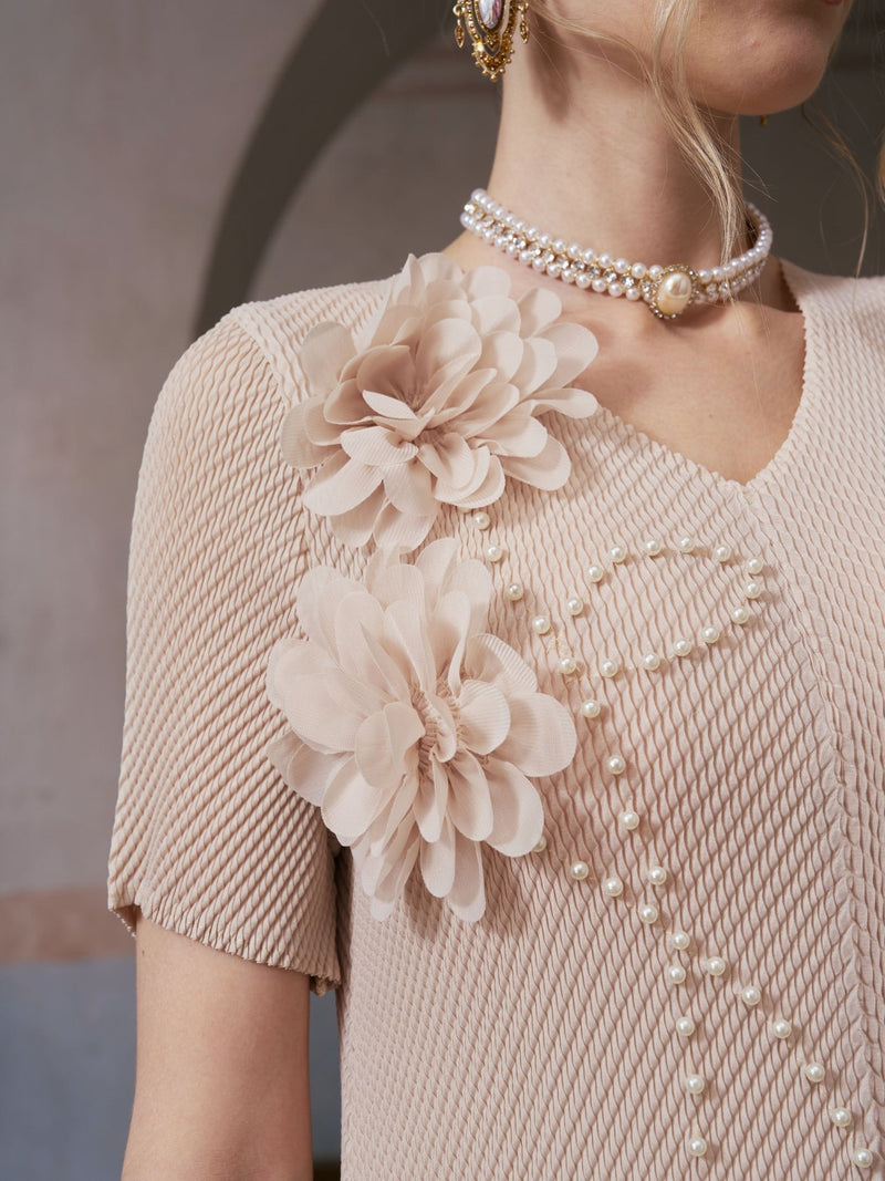 3D Floral Pearl Embellished Pleated Dress - Social Queen