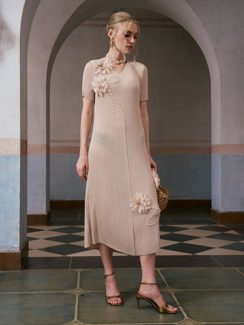 3D Floral Pearl Embellished Pleated Dress - Social Queen