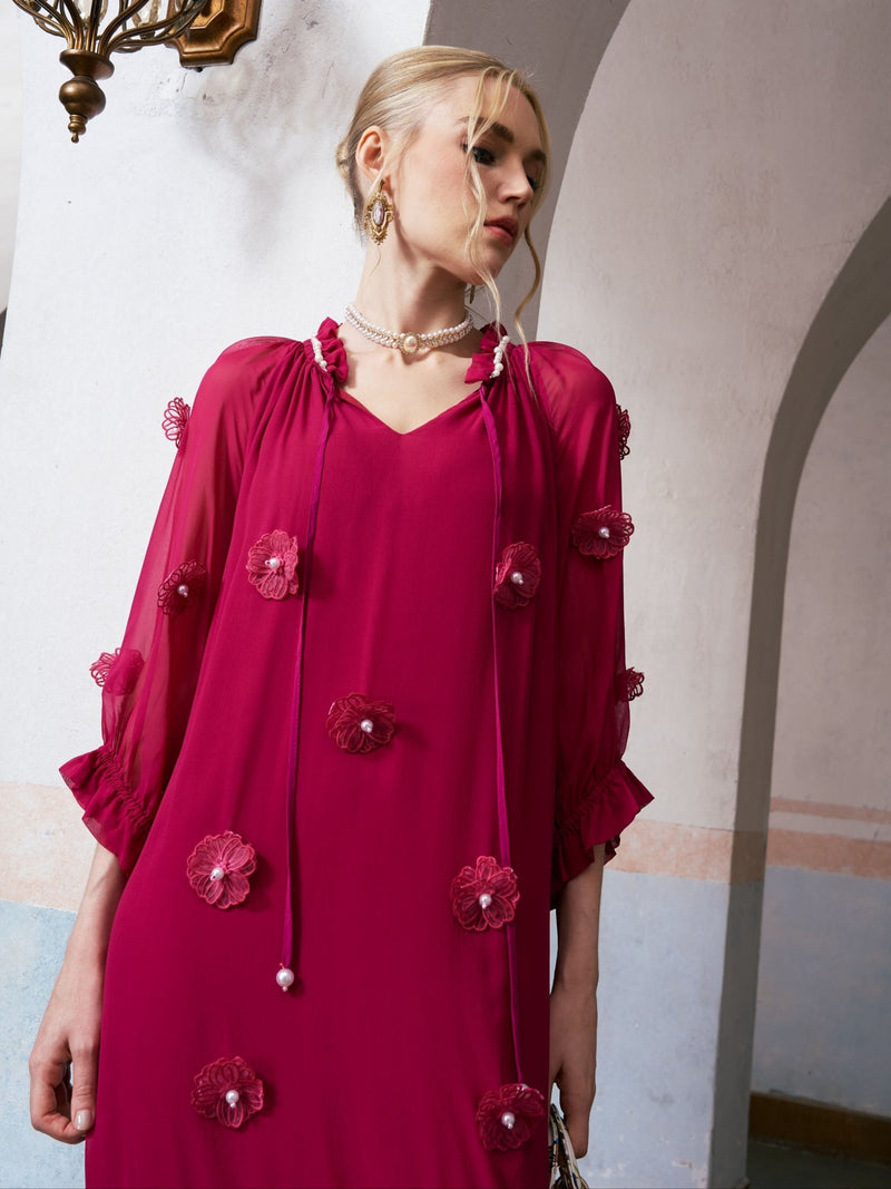 3D Floral Pearl Mulberry Silk Dress - Social Queen