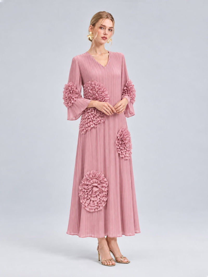3D Floral Pleated Dress - Social Queen
