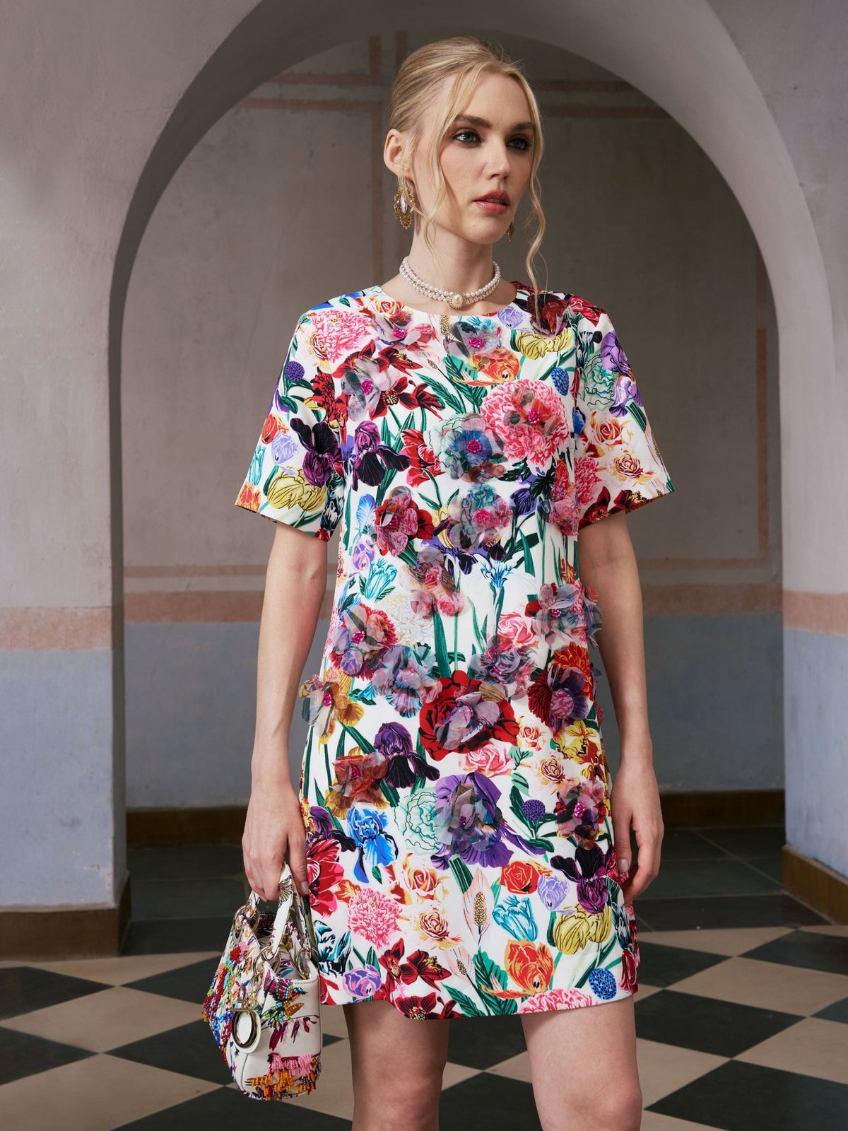 3D Floral Print Shift Dress - Social Queen