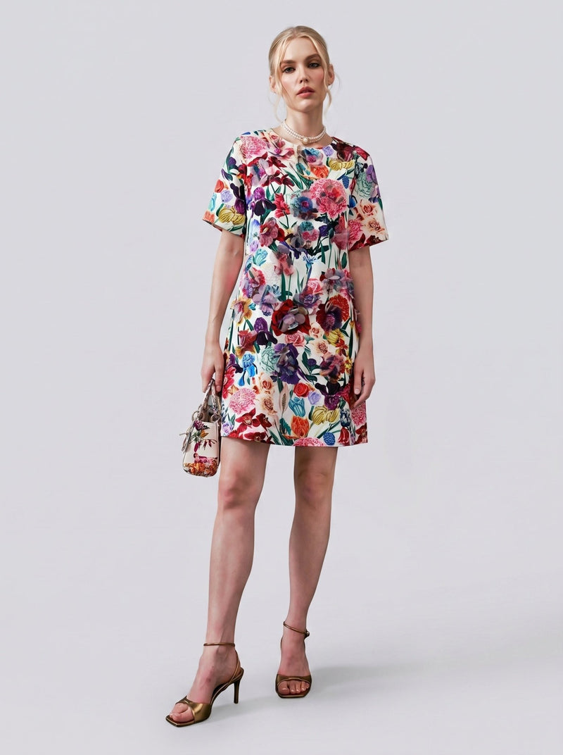 3D Floral Print Shift Dress - Social Queen