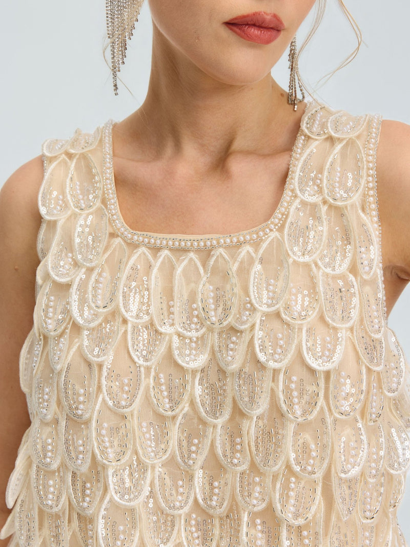 3D Leaf Beaded Mesh Top - Social Queen