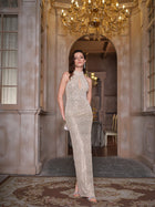 Pearl Sequin Halter Gown