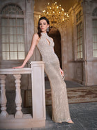 Pearl Sequin Halter Gown