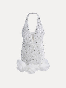 Pearl-Crystal Embellished Floral Hem Mini Dress