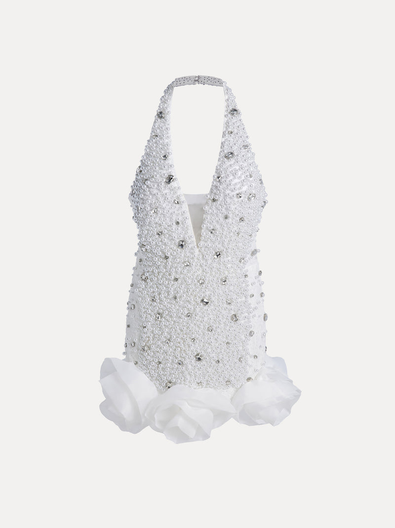 Pearl-Crystal Embellished Floral Hem Mini Dress