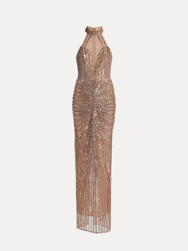 Champagne Sequin Halter Mermaid Gown