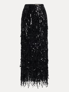 Sequin Fringe Side-Slit Midi Skirt
