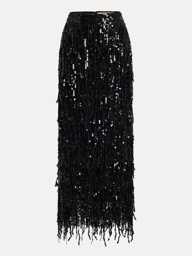 Sequin Fringe Side-Slit Midi Skirt