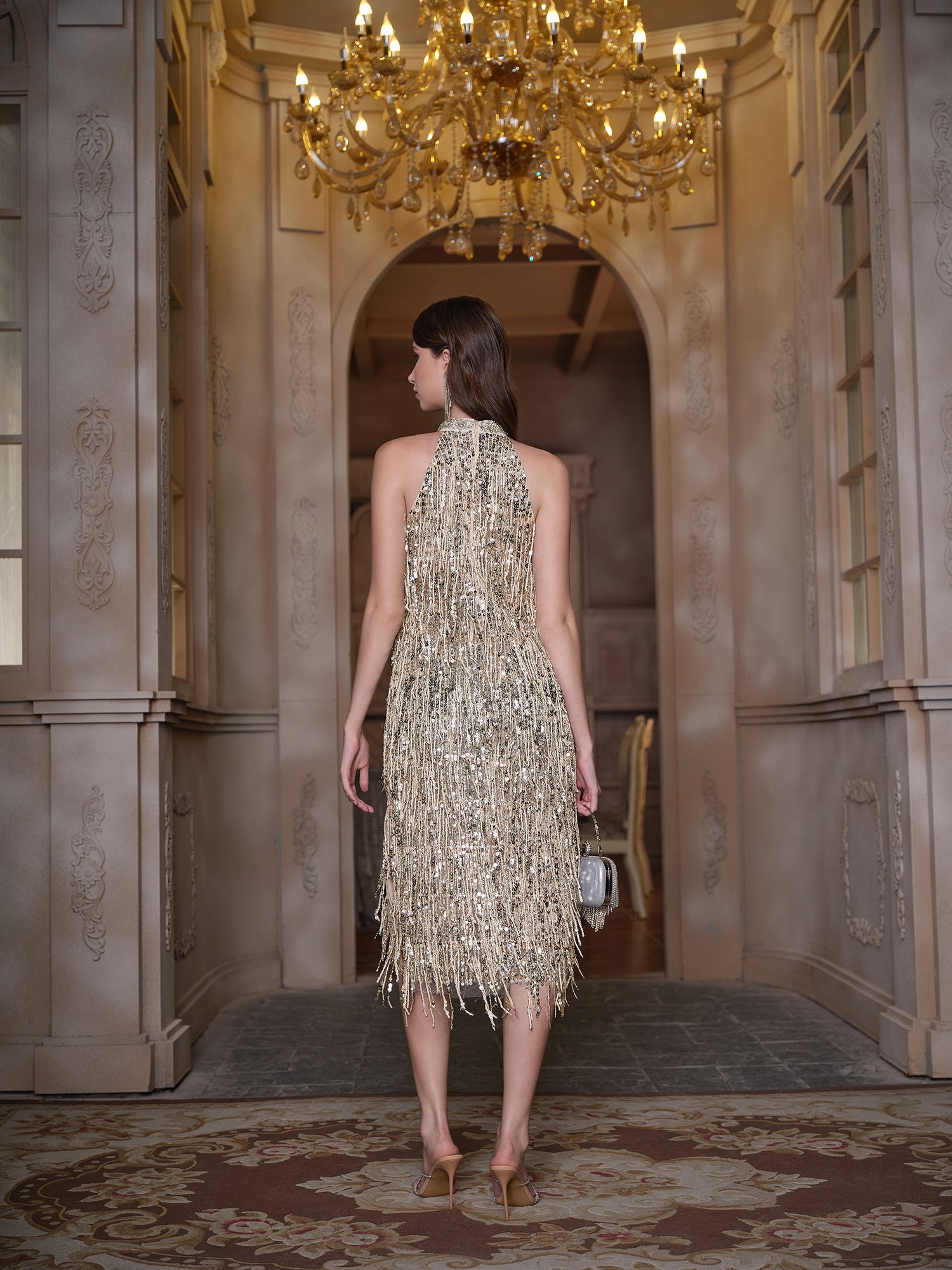 Sequin Fringe Halter Dress