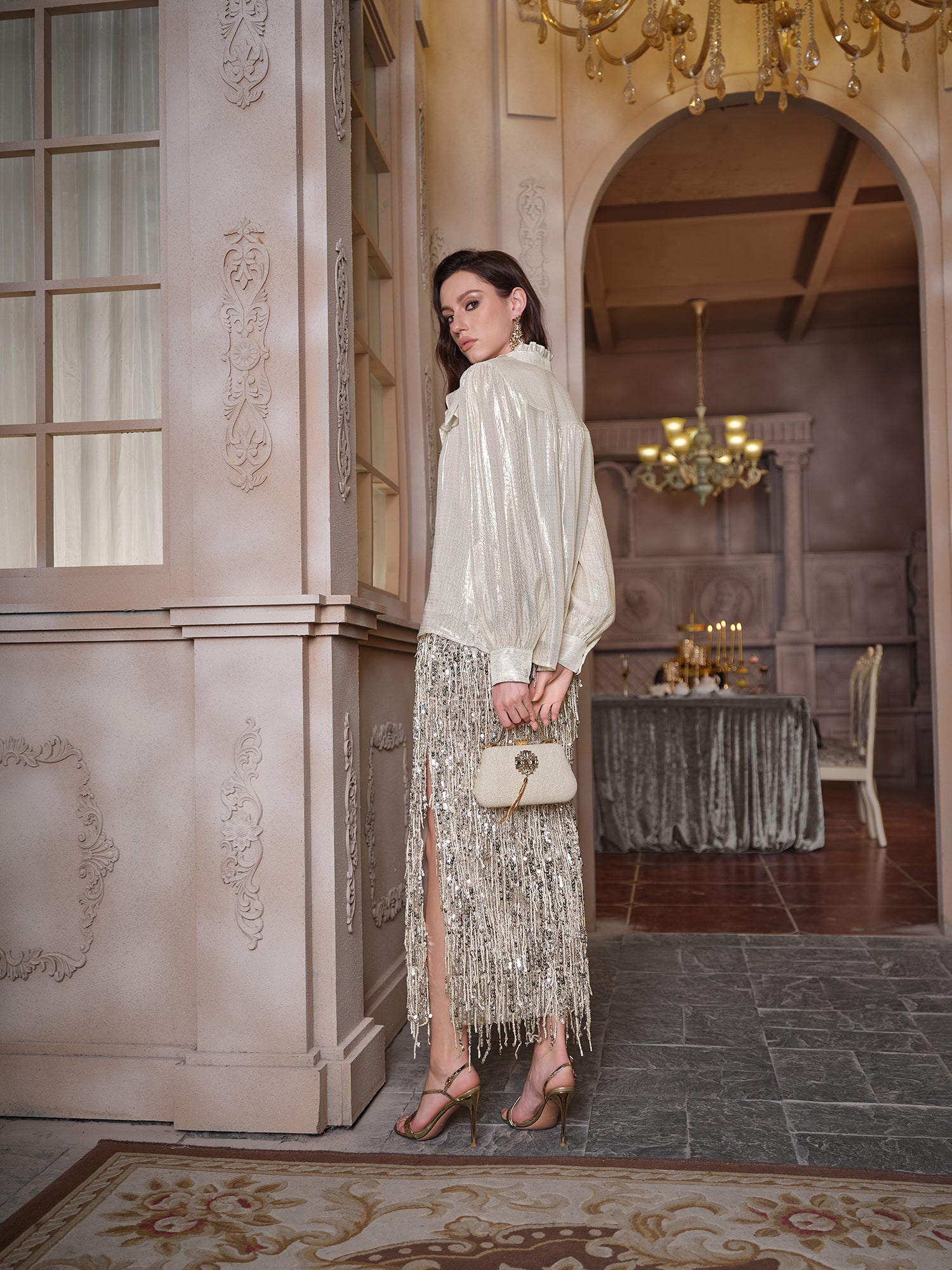 Ruffled Light Gold Satin Blouse