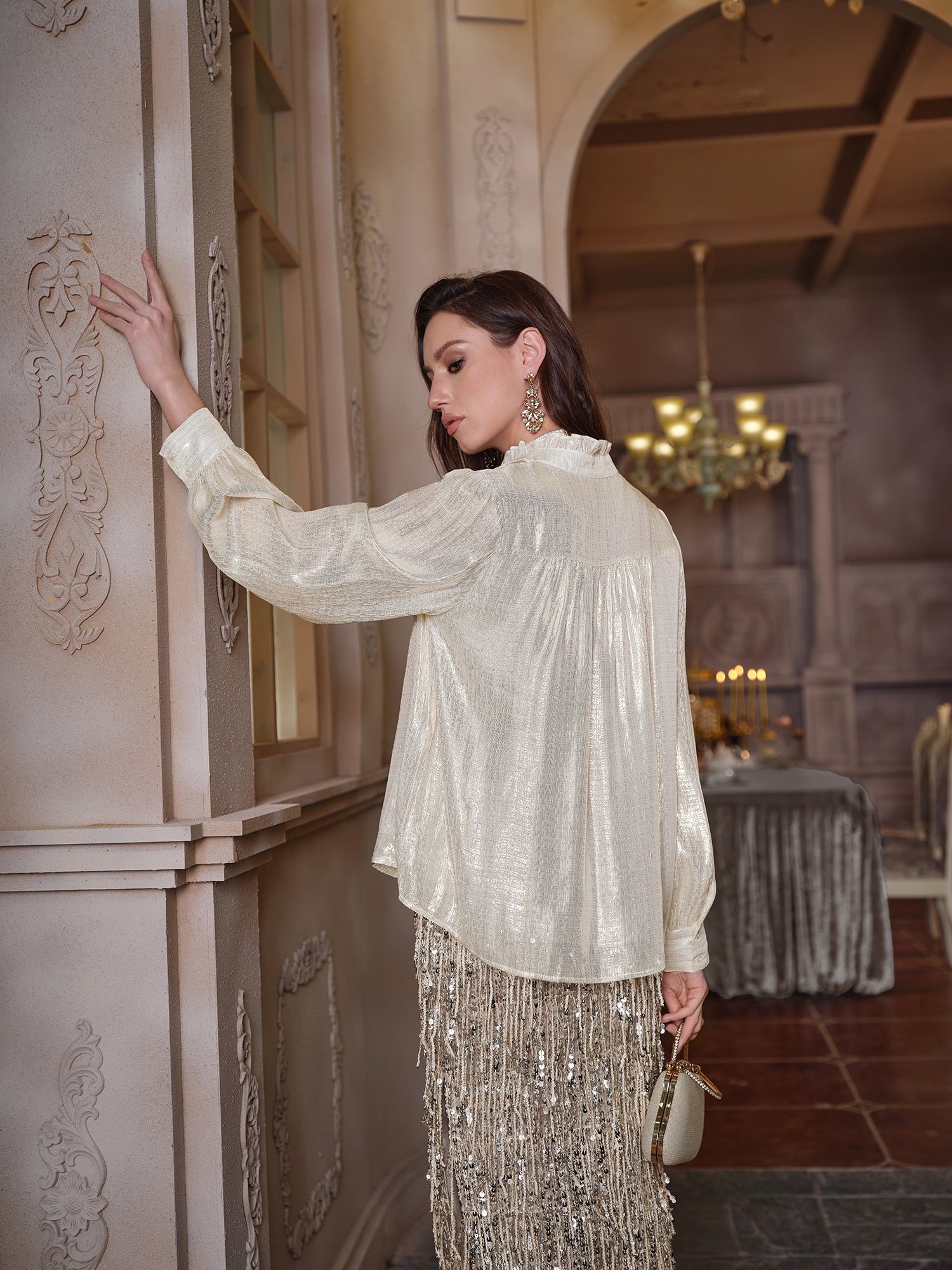 Ruffled Light Gold Satin Blouse