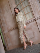 Sequin Fringe Side-Slit Midi Skirt