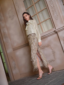 Sequin Fringe Side-Slit Midi Skirt
