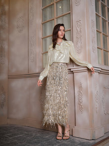 Sequin Fringe Side-Slit Midi Skirt