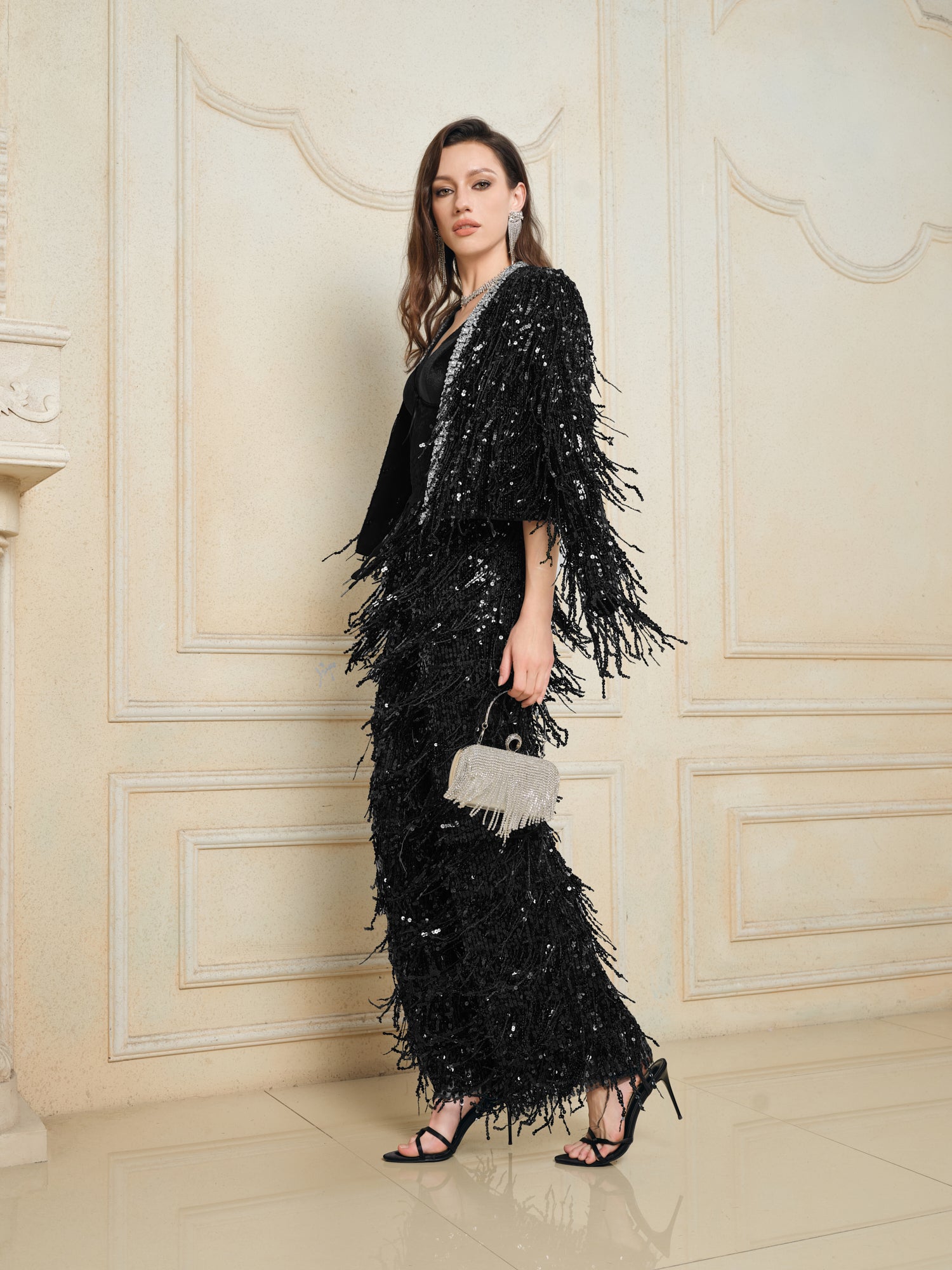 Sequin Fringe Wide-Leg Pants