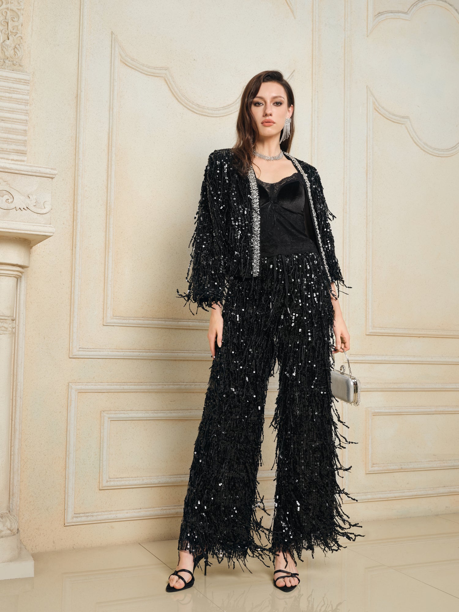 Sequin Fringe Wide-Leg Pants
