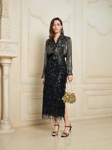 Sequin Fringe Side-Slit Midi Skirt
