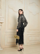 Sequin Fringe Side-Slit Midi Skirt