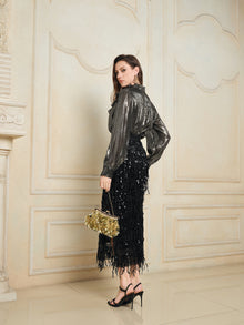Sequin Fringe Side-Slit Midi Skirt