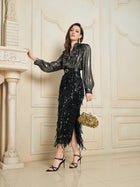 Sequin Fringe Side-Slit Midi Skirt