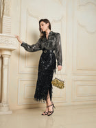 Sequin Fringe Side-Slit Midi Skirt