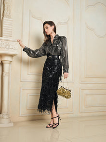 Sequin Fringe Side-Slit Midi Skirt