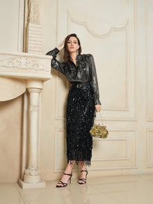 Sequin Fringe Side-Slit Midi Skirt