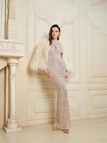 Pearl Sequin Halter Gown