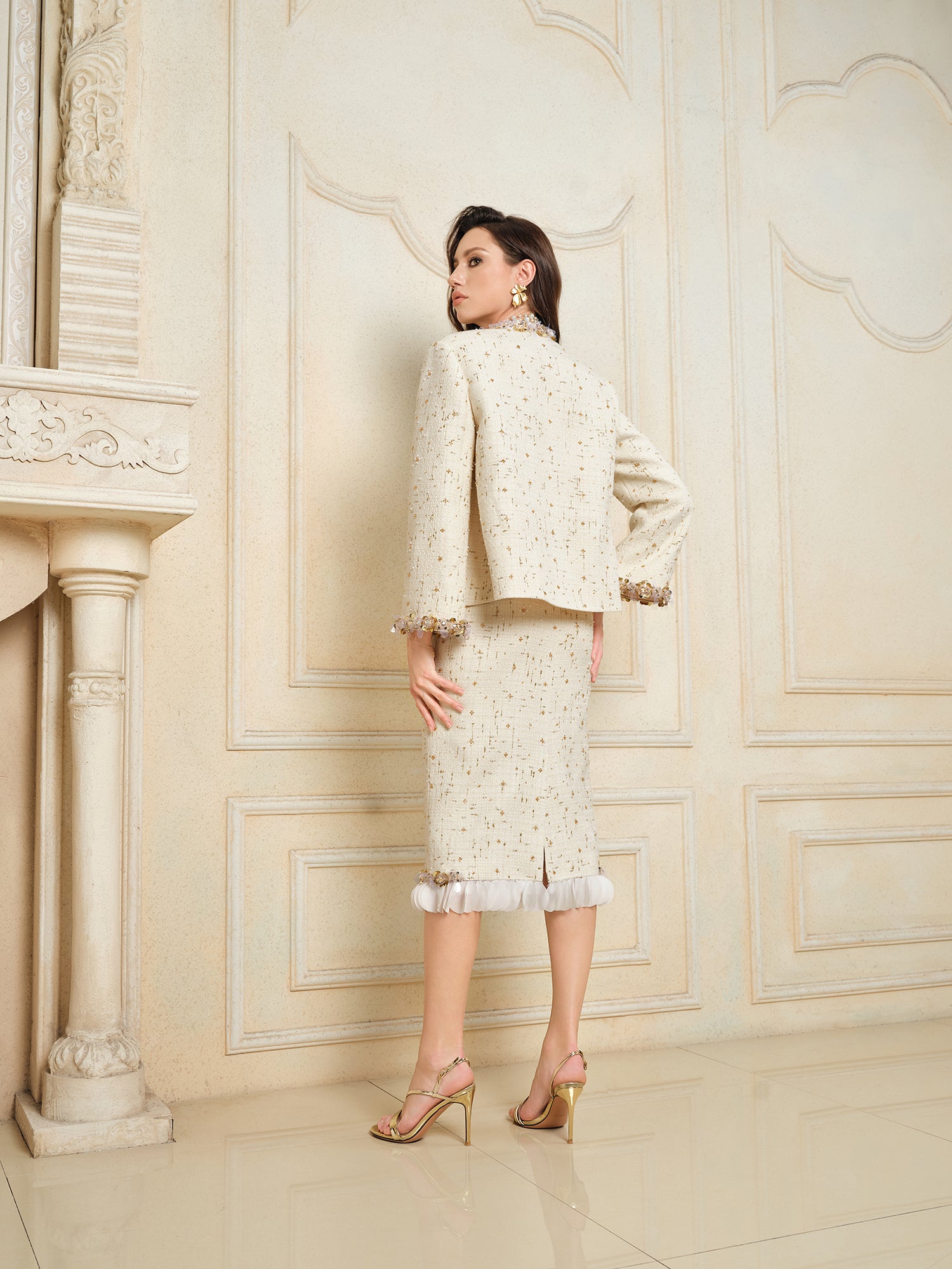 Ivory Gold Sequin Tweed Skirt