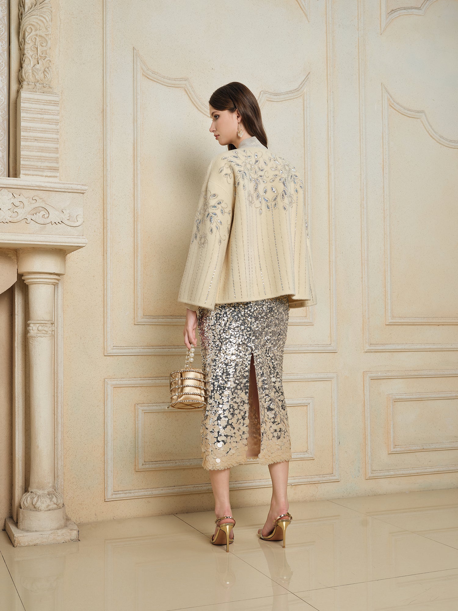 Crystal Leaf Embroidered Wool Coat