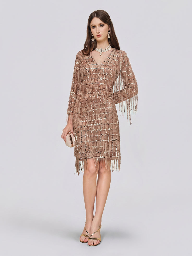 A woman stands against a plain background wearing the Social Queen Embroidered Sequin Tassel Mini Dress in rose gold, styled with gold heels, a clutch, earrings, and a necklace.