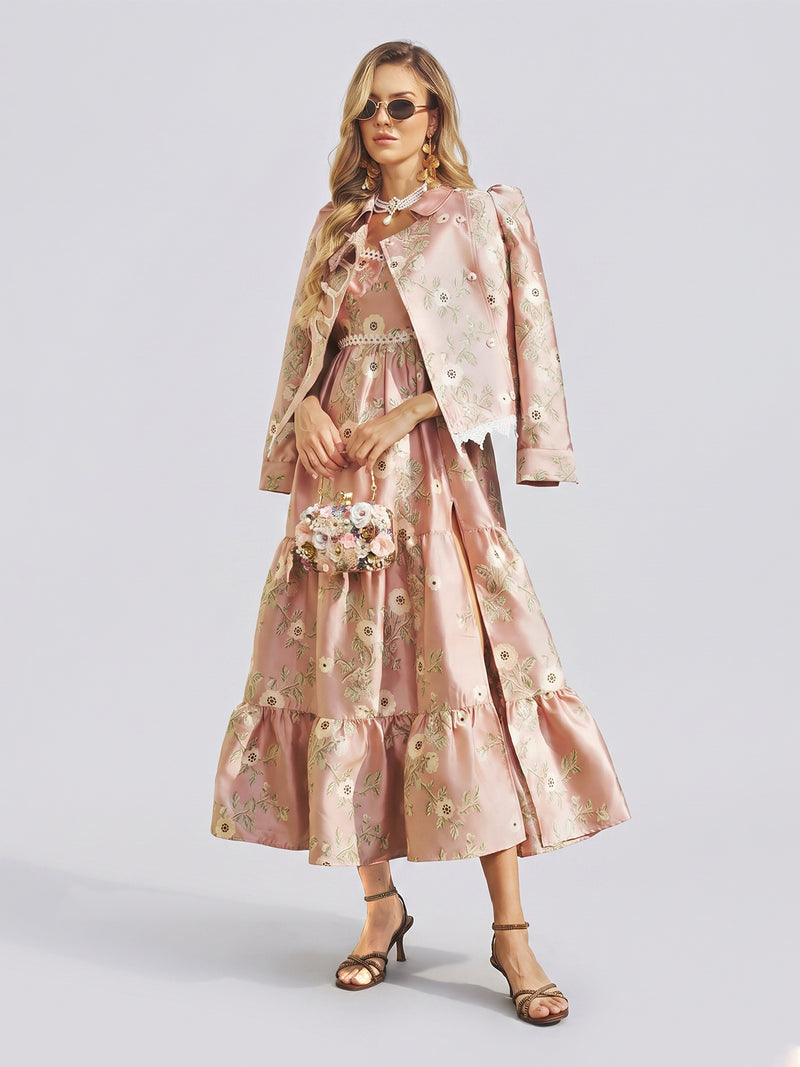 A woman wearing the Social Queen Embroidered Jacquard Ruffle Lace-Trim Dress with a matching jacket, accessorized with a small floral purse, sunglasses, and heeled sandals, stands against a plain light background.
