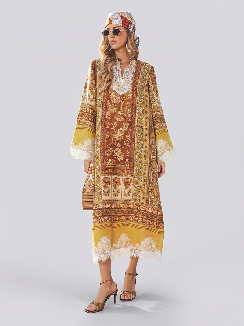 A woman wearing the Social Queen Boho Lace Floral Print Dress, styled with a headscarf, sunglasses, heeled sandals, and holding a woven handbag, stands against a plain background.