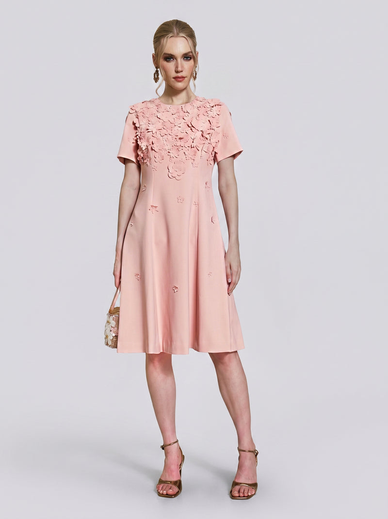 A woman models the Social Queen 3D Floral Appliqué A-Line Dress in light pink, featuring delicate 3D floral appliqués on the bodice and a knee-length A-line silhouette, while holding a small purse against a plain background.