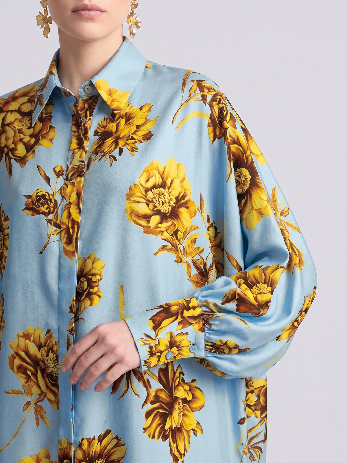 Social Queen Floral Print Maxi Shirtdress (Tie Included) in light blue with a yellow floral pattern, long cuffed sleeves, and a relaxed silhouette.