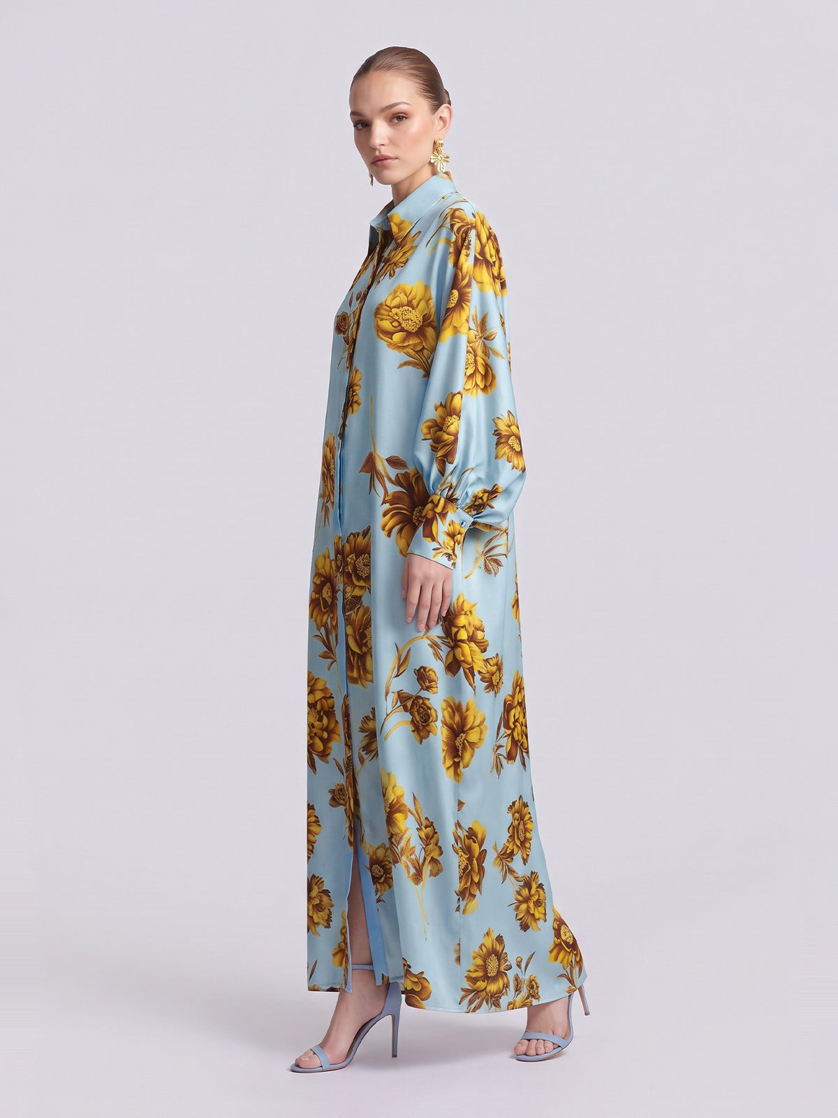 Social Queen Floral Print Maxi Shirtdress in light blue with a long-sleeved, relaxed silhouette and tie waist.