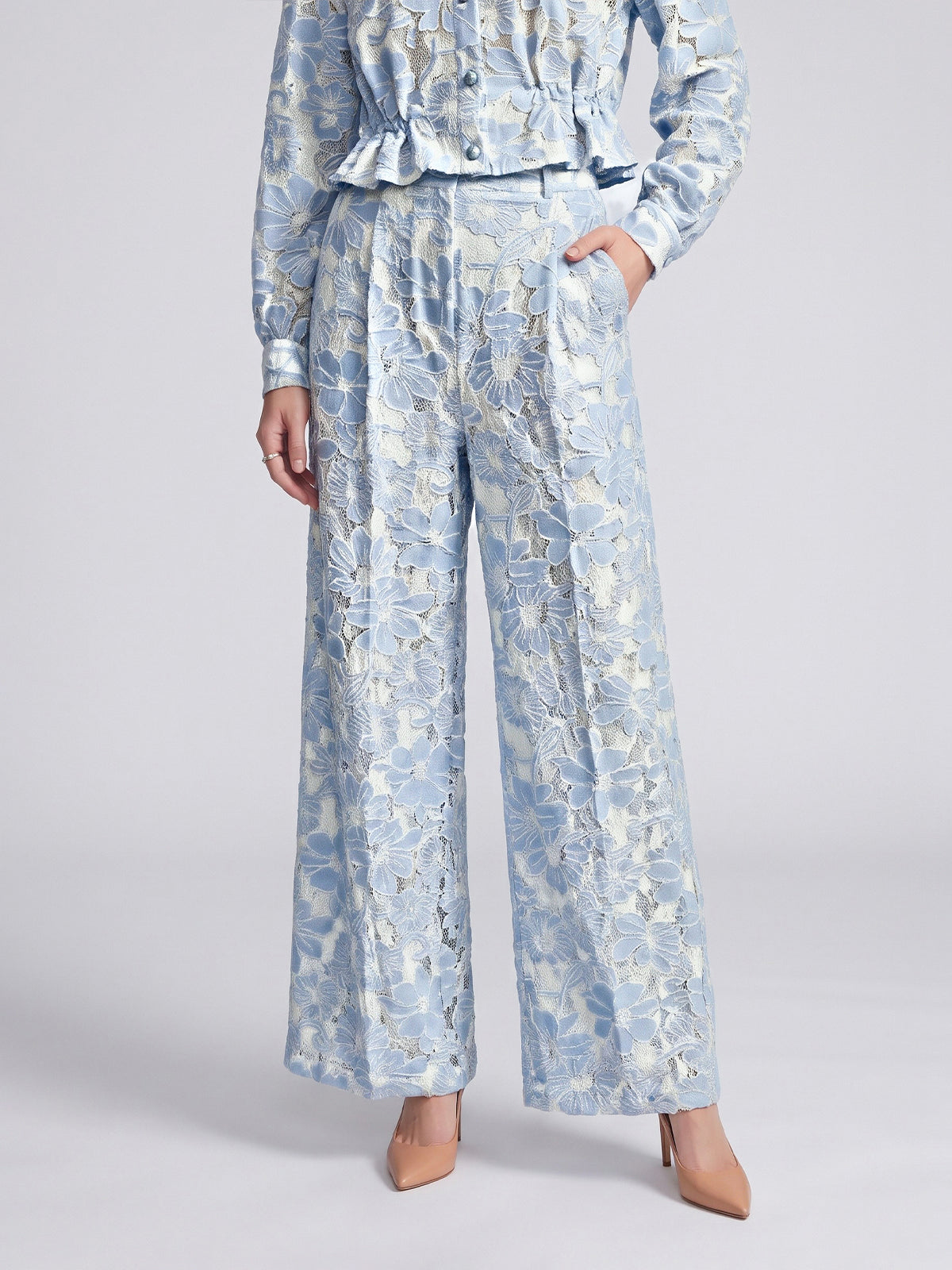 Social Queen Floral Lace Wide-Leg Pants in light blue, paired with a matching button-up blouse.