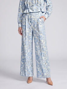 Social Queen Floral Lace Wide-Leg Pants in light blue, paired with a matching button-up blouse.