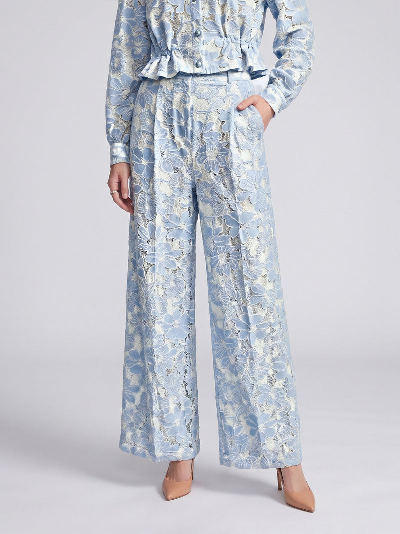Social Queen Floral Lace Wide-Leg Pants in light blue, paired with a matching button-up blouse.