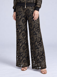 Social Queen Paisley Embroidered Lace Wide-Leg Pants in black, featuring an intricate gold paisley embroidery.