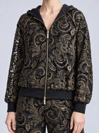 Social Queen Paisley Embroidered Lace Hooded Jacket in black, featuring a zip-up design with gold-tone paisley embroidery and cutout lace detailing.