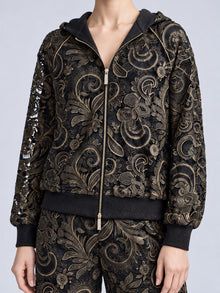 Social Queen Paisley Embroidered Lace Hooded Jacket in black, featuring a zip-up design with gold-tone paisley embroidery and cutout lace detailing.