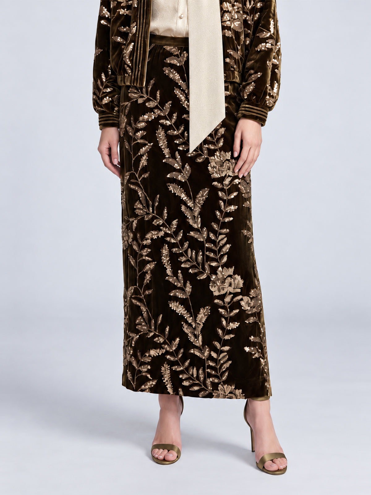 Social Queen Sequin Embroidered Velvet Midi Skirt in brown silk velvet featuring gold-tone sequin leaf embroidery.