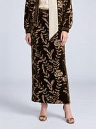 Social Queen Sequin Embroidered Velvet Midi Skirt in brown silk velvet featuring gold-tone sequin leaf embroidery.